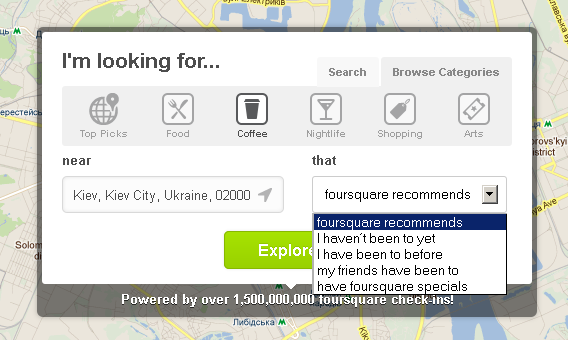 Foursquare запустив веб версію пошуку цікавих місць