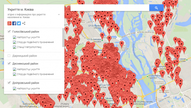 В інтернеті зявилася карта бомбосховищ та укриттів Києва