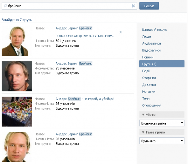 На Вконтакте зявилися групи, присвячені норвезькому терористу